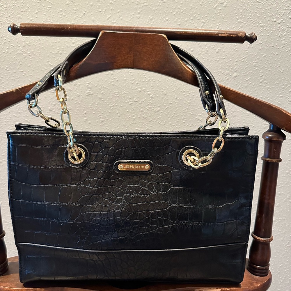 Anne Klein Black Crocodile-Embossed Shoulder Bag